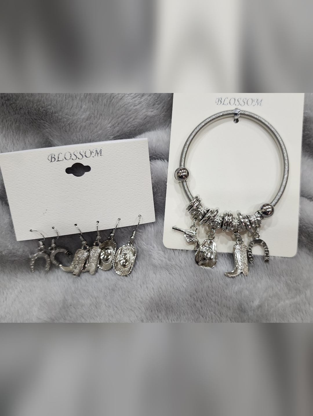 New! Silver Western Charm Fashion Earrings & Bracelet, Not Genuine Silver!